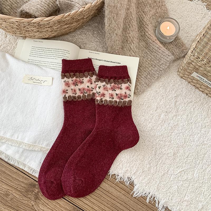 Retro Style Winter Coffee Blue Luxury Imitation Mink Stripe Contrasting Mid-Leg Socks Diamond Plaid Stack Socks Court Style Warmth