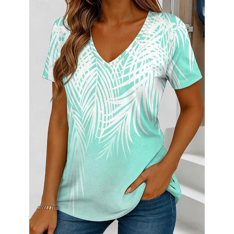 Chic Gradient Palm Leaf Print Casual T Shirt V Neck Short Sleeve Tee For Women Summer Holiday Travel And Daily Outfits