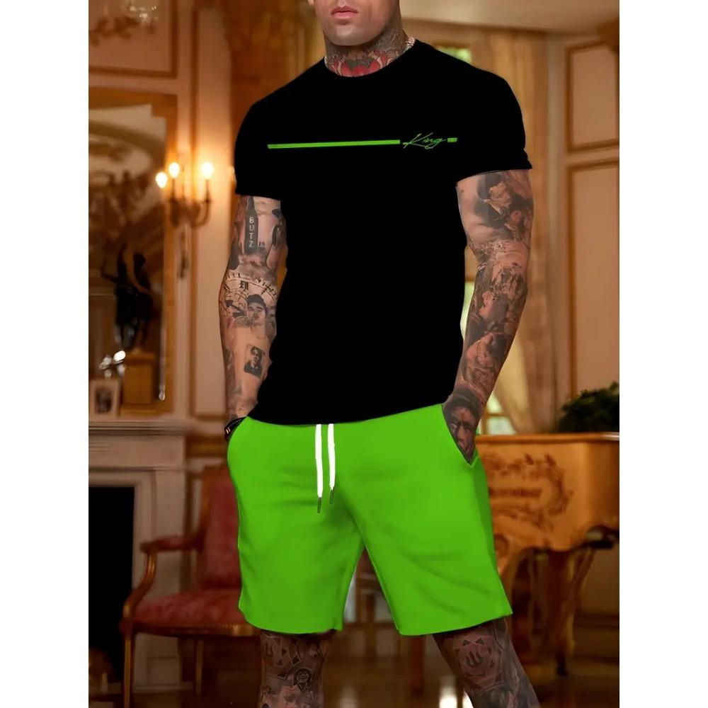 Summer Letter Print Men's T-shirt Shorts 2-piece Set 2025 Men's Clothing Quick Drying Sports T-shirt Elastic Waist Shorts Set