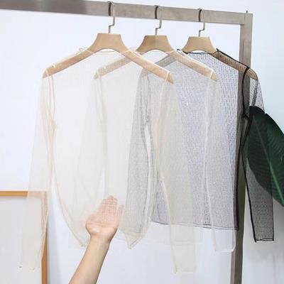 Frauen Top Ultra-dünne Durchsichtige Spitze Lange Ärmel Einfarbig Lose Weiche Casual Mock Neck Sichtbar Frühling Sommer hemd
