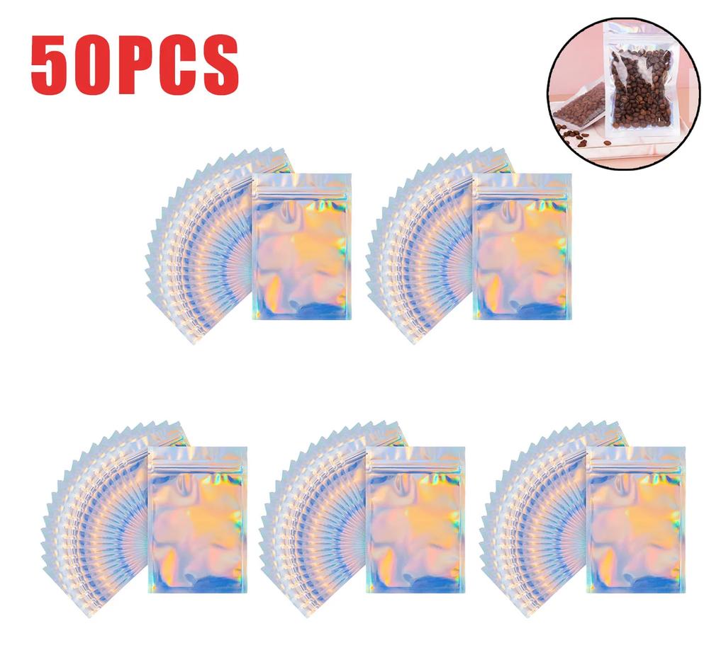Resealable Holographic Rainbow Mylar Bags Smell Proof Ziplock Pouches for Food Storage and Party Favor Packaging