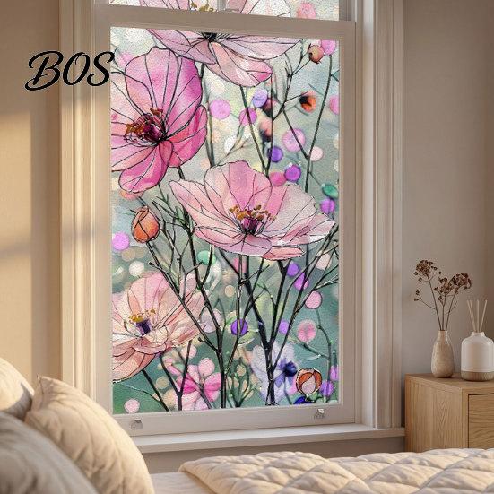 Nichtklebender Fensteraufkleber Statischer Glassticker, Farbige Blumenstruktur-Folie, UV-Kleberfreie Abziehbilder Lichtblockierend Wasserdicht Staubdicht für Zuhause