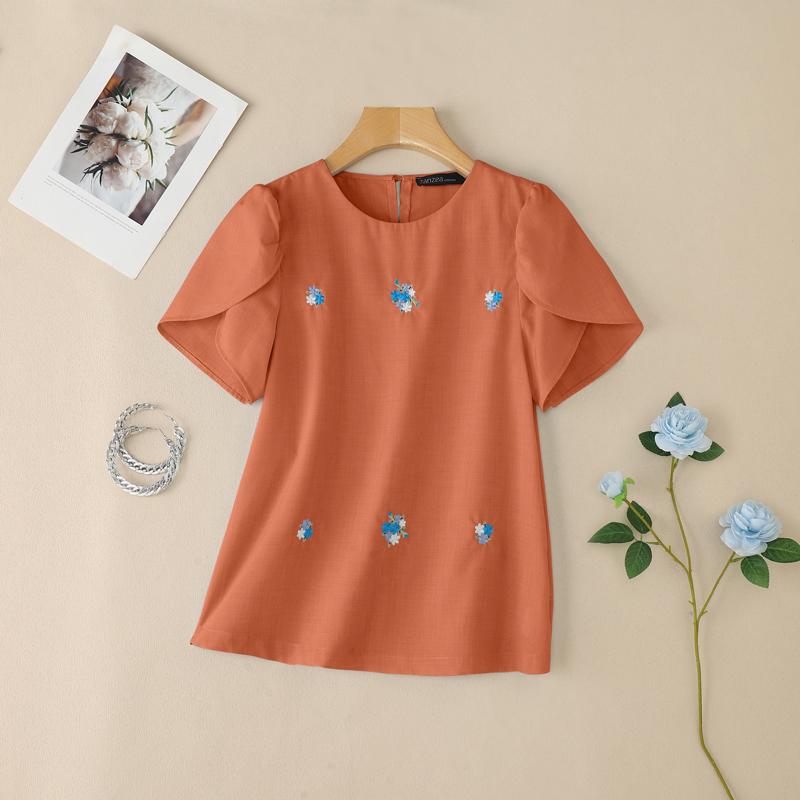 

ZANZEA Женская летняя блузка с круглым вырезом, повседневная, с коротким рукавом и принтом 5XL оранжевый