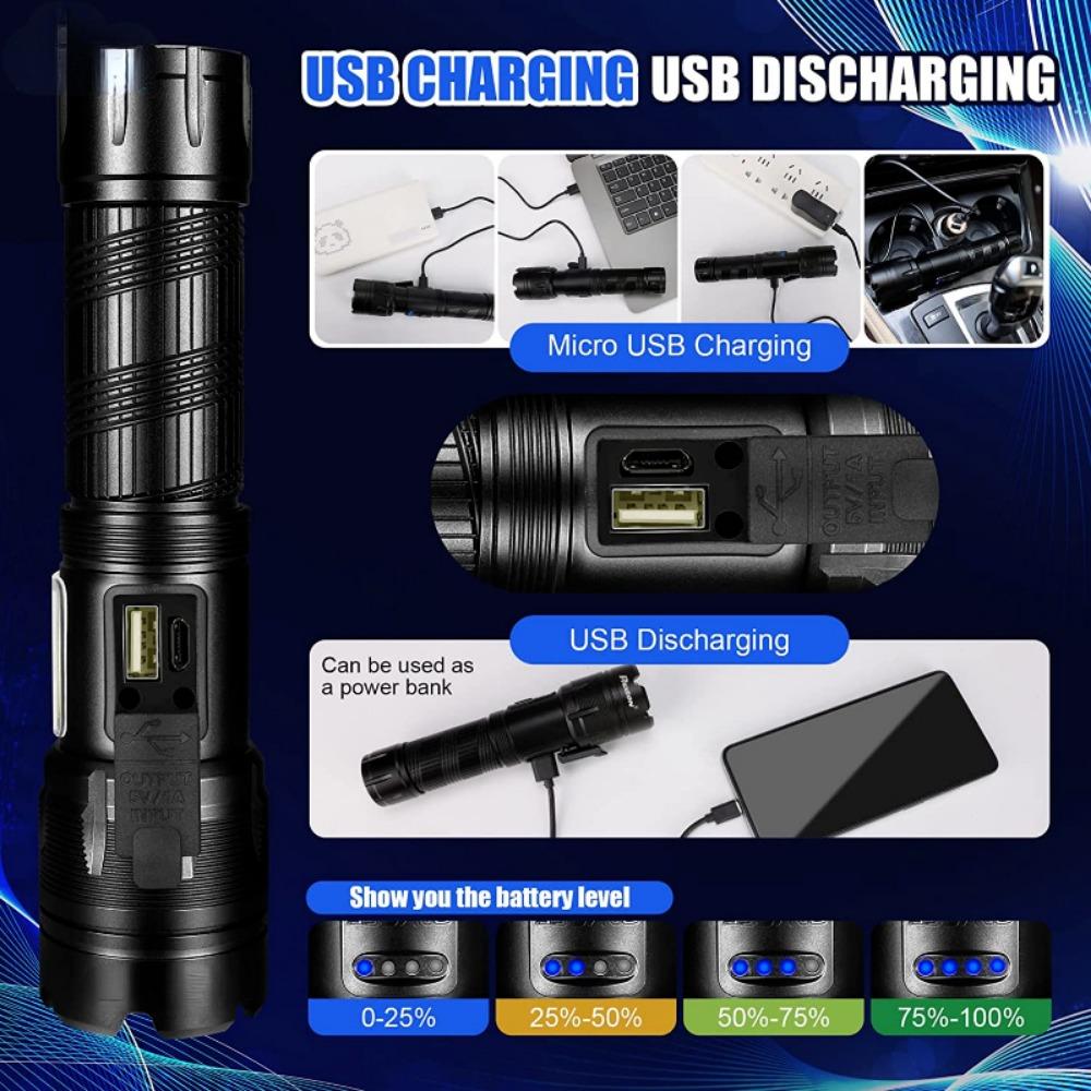 Lanterna LED XHP360 de 6000M de putere superioară, lanternă tactică reîncărcabilă Zoom 7 moduri de pescuit rezistent la apă Lanternă 26650