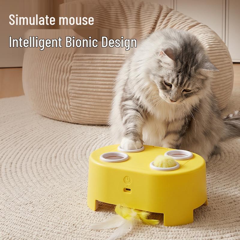 3-in-1 Smart Cat Toy: Cheese House Turntable with Whack-a-Mole and Feather Teaser for Boredom Relief