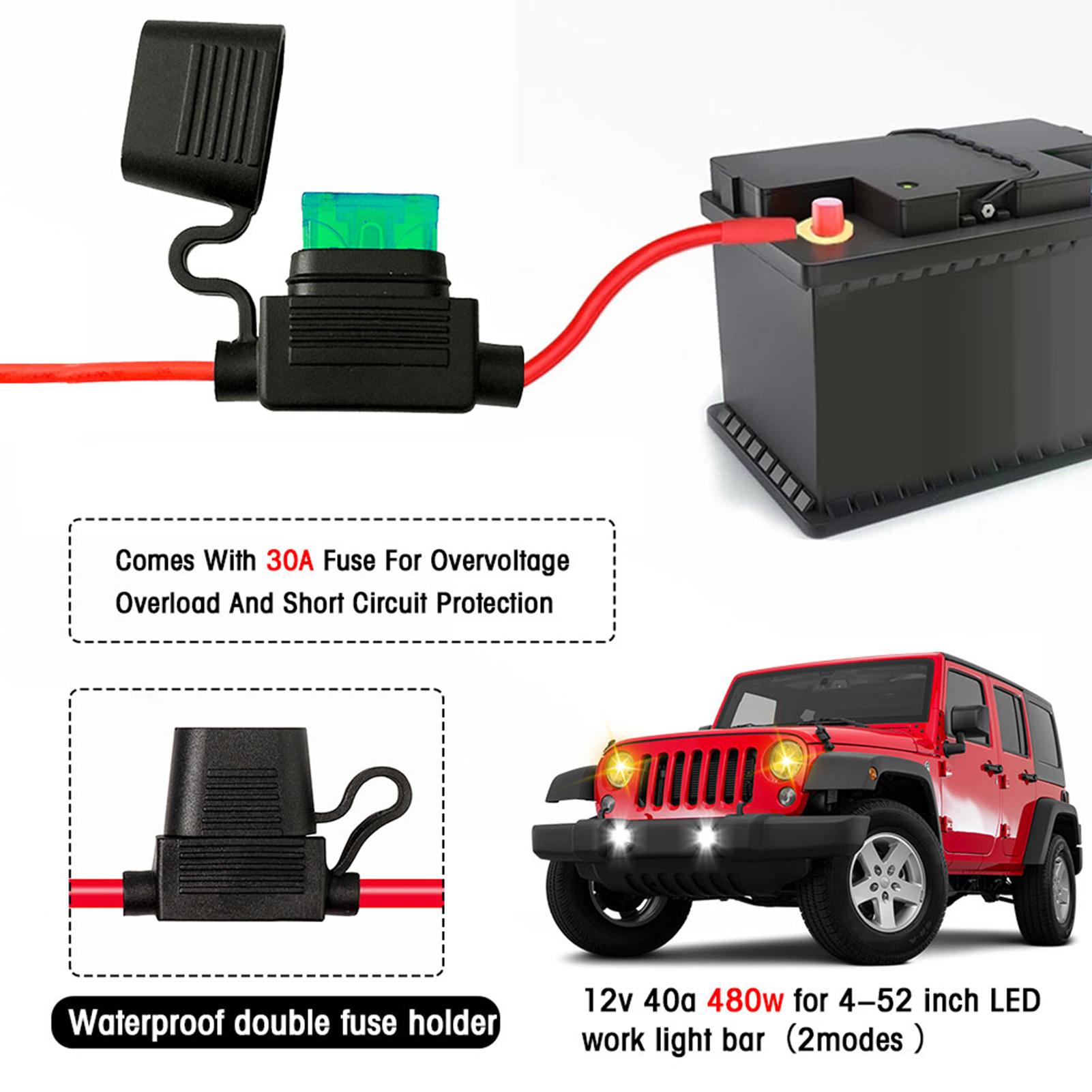 

LED Light Bar Wiring Harness Kit, 480W, 2 Wires 18AWG, LED Wiring Harness with 12V 40A Relay and Waterproof Control , Large Load 2