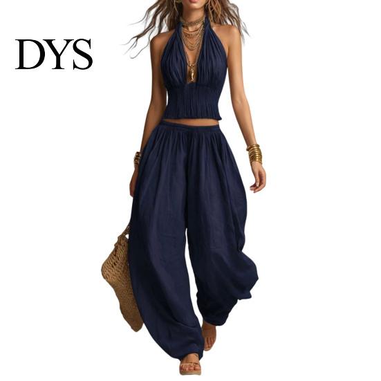 Loose Fit Women Clothing Women's Halter Sleeveless Summer 2 Piece Sets, Pleated Ruffle Backless Plus Size Casual Suit V Neck Top And Wide Leg