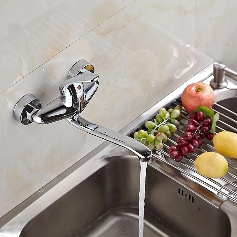 1pc Silvery Copper Material Simple and Convenient Two-Hole Wall-Mounted Hot and Cold Flush-Mounted Swivel Spout Kitchen Hot and Cold Faucet