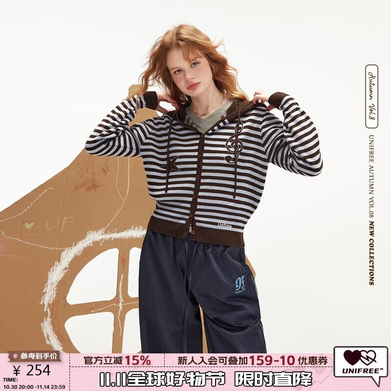 

UNIFREE Women s Cartoon Embroidered Striped Hooded Knit Cardigan S