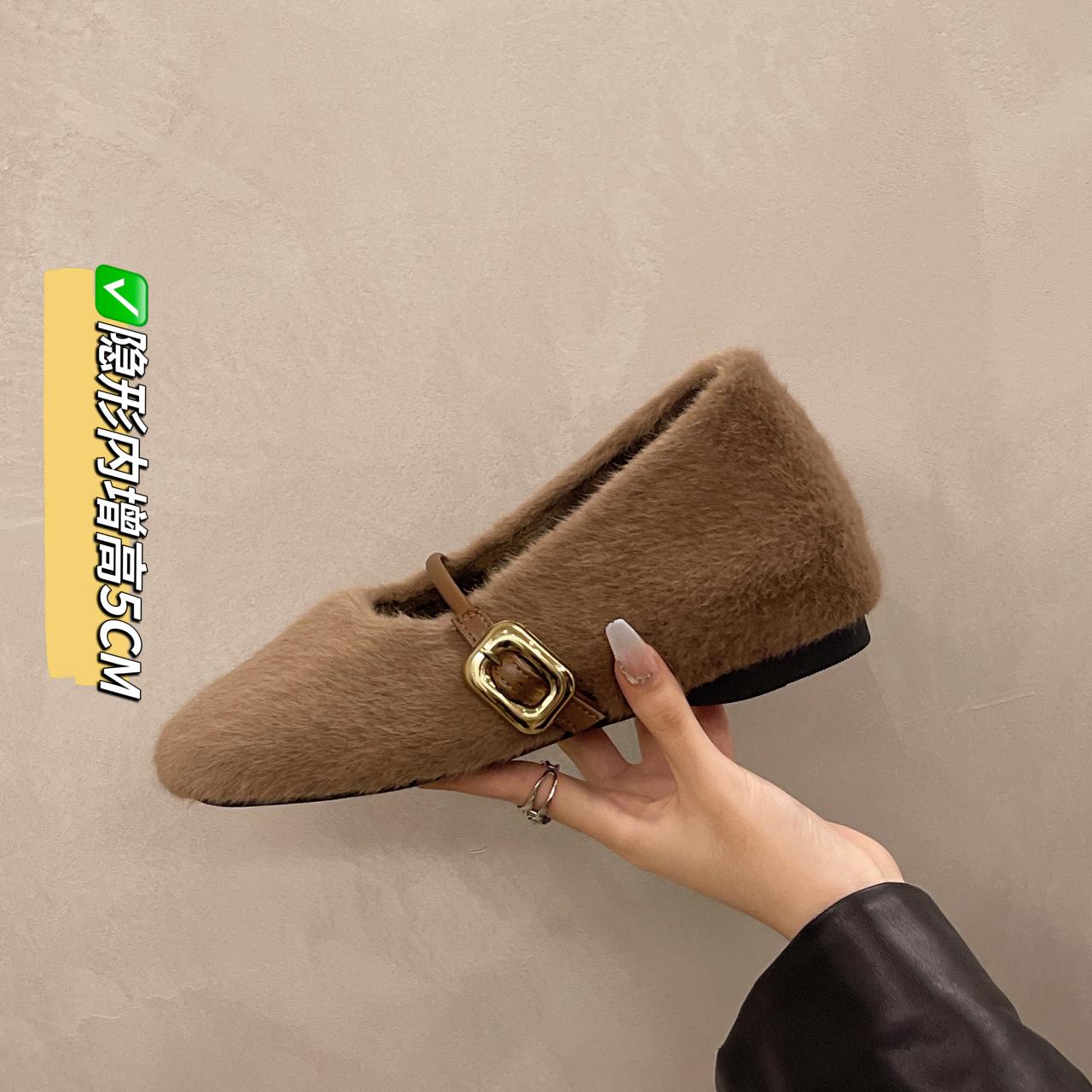 

AJGS Новые элегантные туфли Мэри Джейн с пряжкой на ремне из меха, женские удобные мягкие пушистые балетки на плоской подошве, женские плюшевые неглубокие мокасины, лаконичное платье 40 хаки