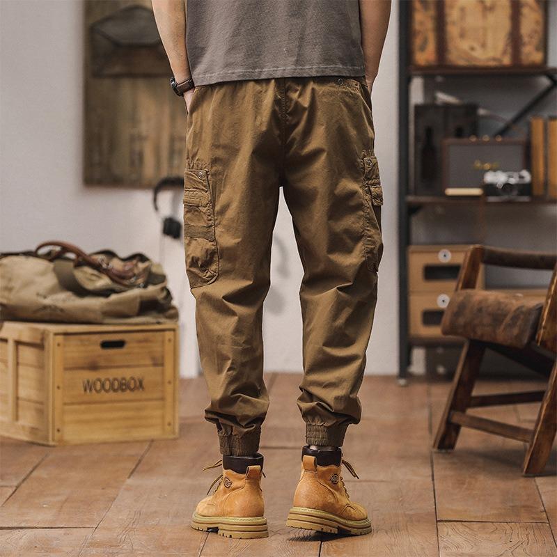 Trendy Brand Retro Casual Overalls Men's Autumn and Winter Elastic Versatile Multi-pocket Tied Feet Harlan Pants Men's Solid Color Washed Pants