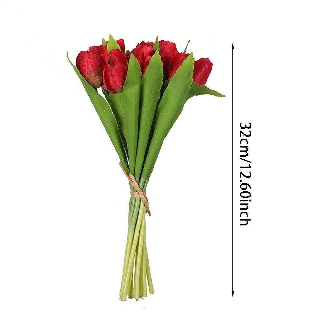 12 Heads Tulip Artificial Flower Green Leaves Silk Petals Simulation Tulip Flower DIY Photo Props Faux Flower Desktop Ornament