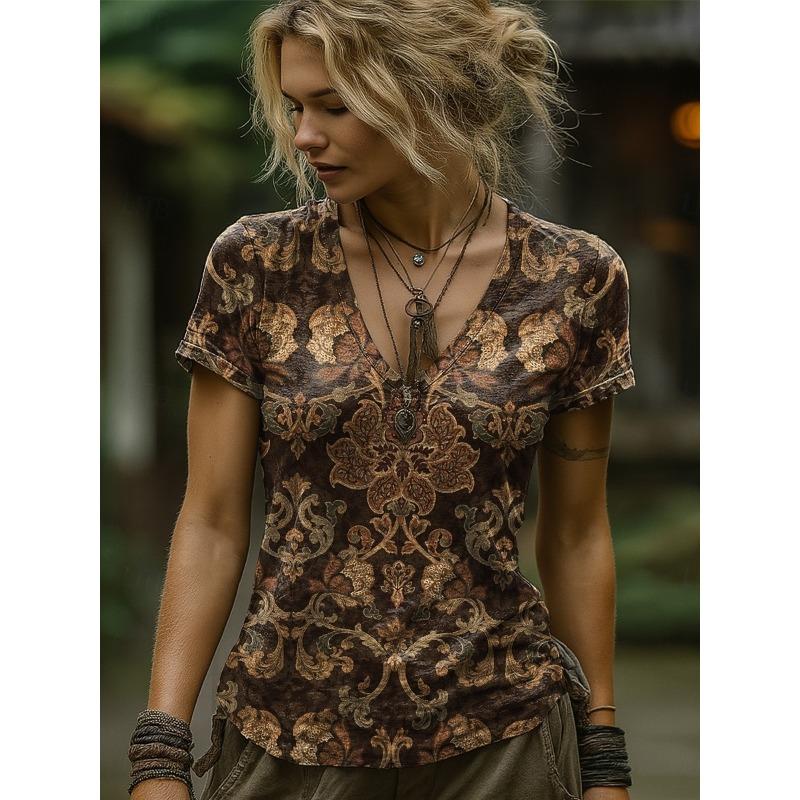 Vintage Mandala Floral Print Casual T Shirt V Neck Short Sleeve Tee For Women Summer Vacation And Travel Wear