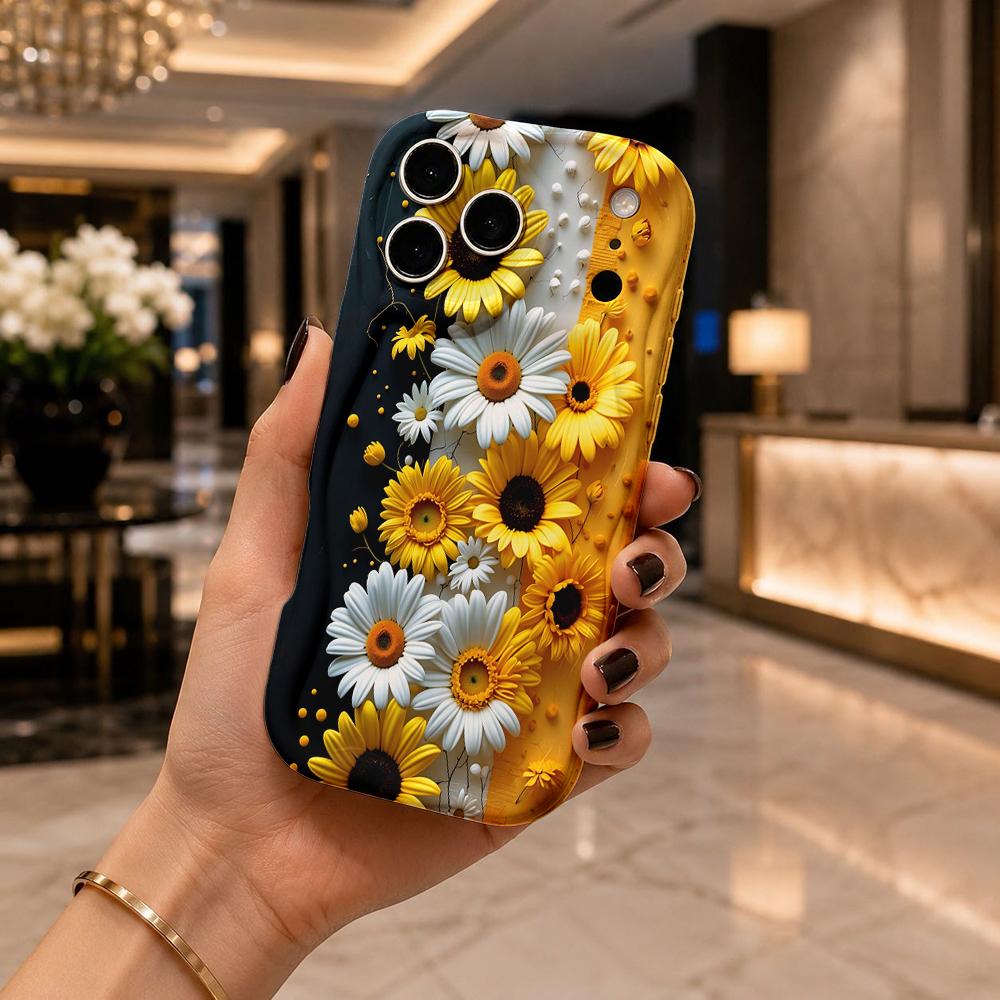 Oil Painting Daisy Sunflower Gradient Wavy Edge Phone Case For iPhone 17 16 15 14 13 12 11 8 7 Plus Pro Max Floral Cover