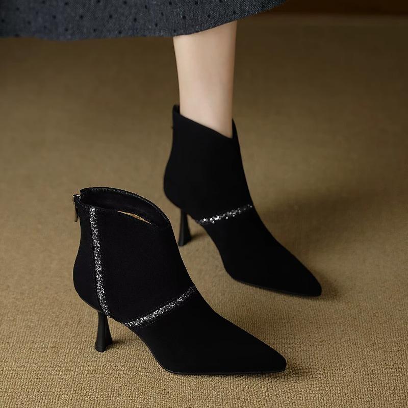 

Vintage Temperament Paneled Matte Pointed Toe Stilettos Fall Winter Fashion Back Zip Booties 40 чорний