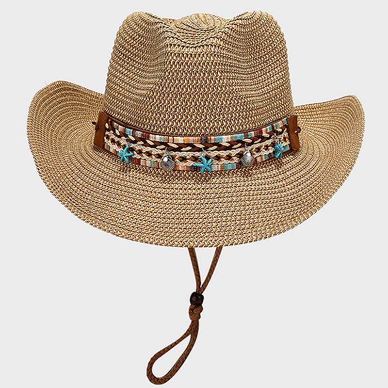 Bohemian Straw Sun Hat Women Summer Breathable Foldable Sun Protection Western Cowgirls Hat Ethnic Style Holiday Beach Caps