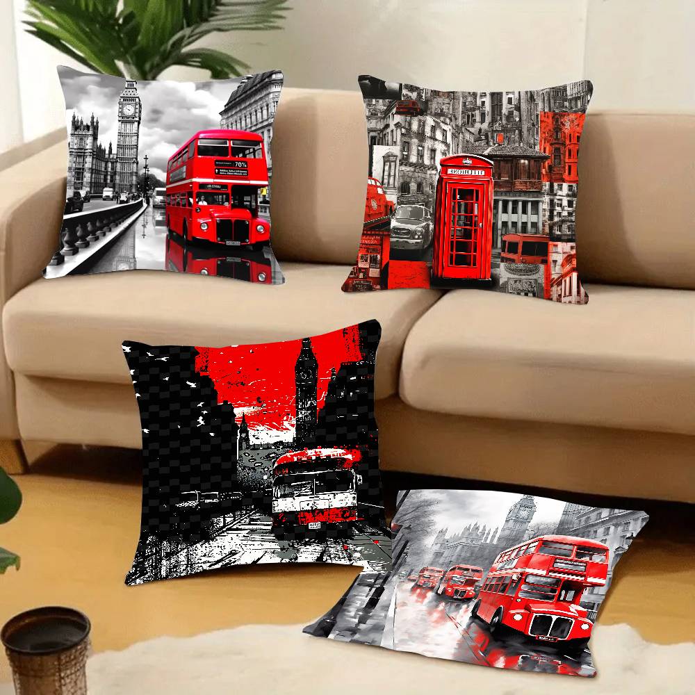 Federa Cuscino Stampa Autobus Rosso di Londra Peluche Corto Stampa Double-sided Copricuscini Quadrati Decorazione Cuscino per Divano Casa