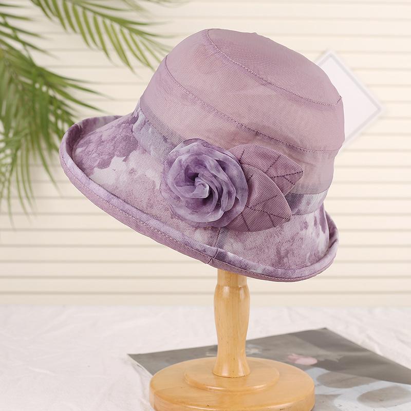 Medium-sized elderly hat women's mesh thin summer outdoor organza mother cool hat sun protection sun hat curled flower