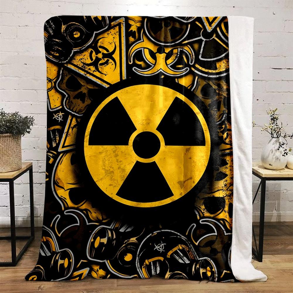 Yellow and black radioactive, biohazard symbols, gas masks, and skulls. for all seasons blanket lunch break throw gift
