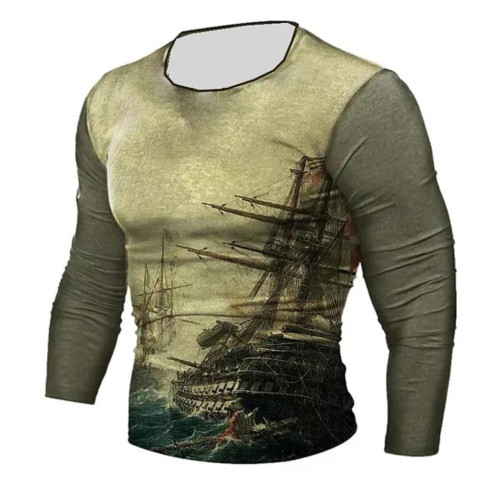Retro Style 3D Guide Printed Men's Casual Round Neck Long Sleeved T-shirt