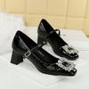 Shallow Mouth Square Toe Color Blocked Metal Rhinestone Buckle Straight Strap Single Shoe