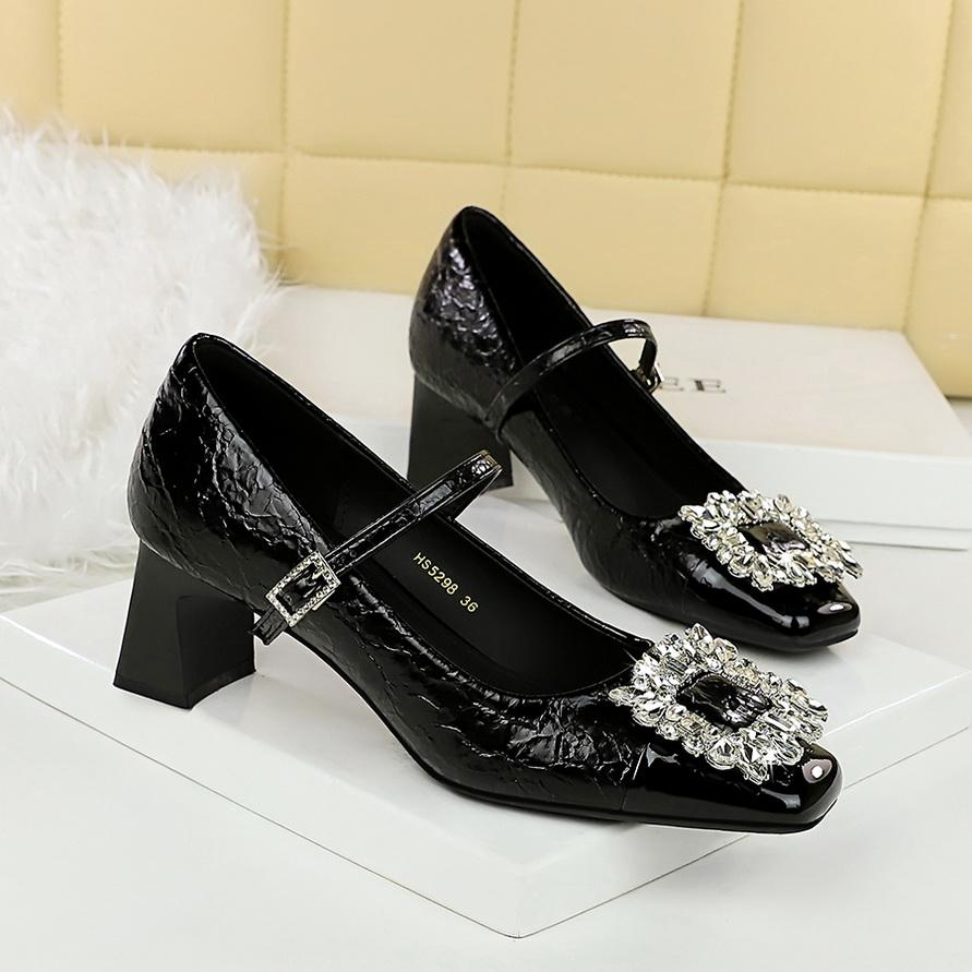 Shallow Mouth Square Toe Color Blocked Metal Rhinestone Buckle Straight Strap Single Shoe