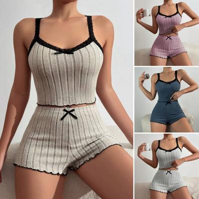 2 Pcs/Set Women Summer Pajamas Suit Shirring Edge Sleeveless Backless Crop Top Lace