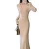 Elegant V-Neck Knit Midi Dress Women Slim Fit Long Sleeve Wrap Front Button Up Winter Office Wear