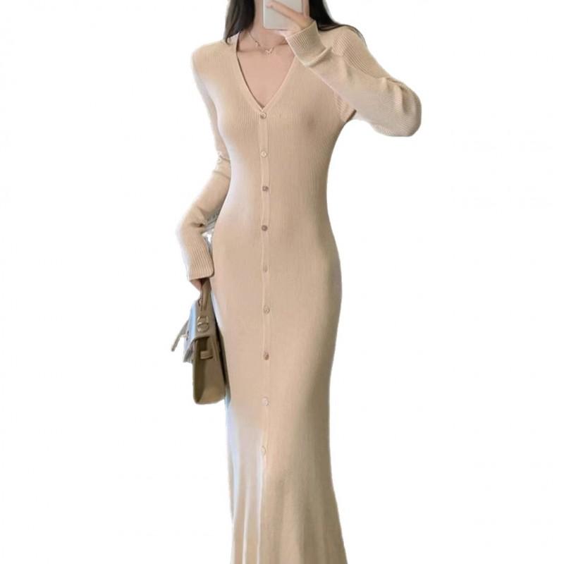 Elegant V-Neck Knit Midi Dress Women Slim Fit Long Sleeve Wrap Front Button Up Winter Office Wear