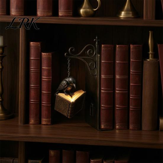 Fermalibri Decorativi in Metallo per Scaffali Gotici con Luce Sospesa, Gatto Corvo Fantasma Luna Nera Supporto per Libri Lampada per Libreria, Fermalibri Finestra di Chiesa Vintage