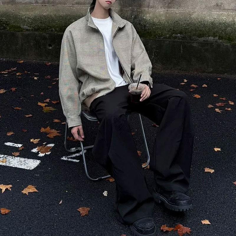 Vintage Houndstooth Stand Collar Jackets Autumn Winter New Stylish Zipper Men's Clothing Long Sleeve Casual Loose Coats