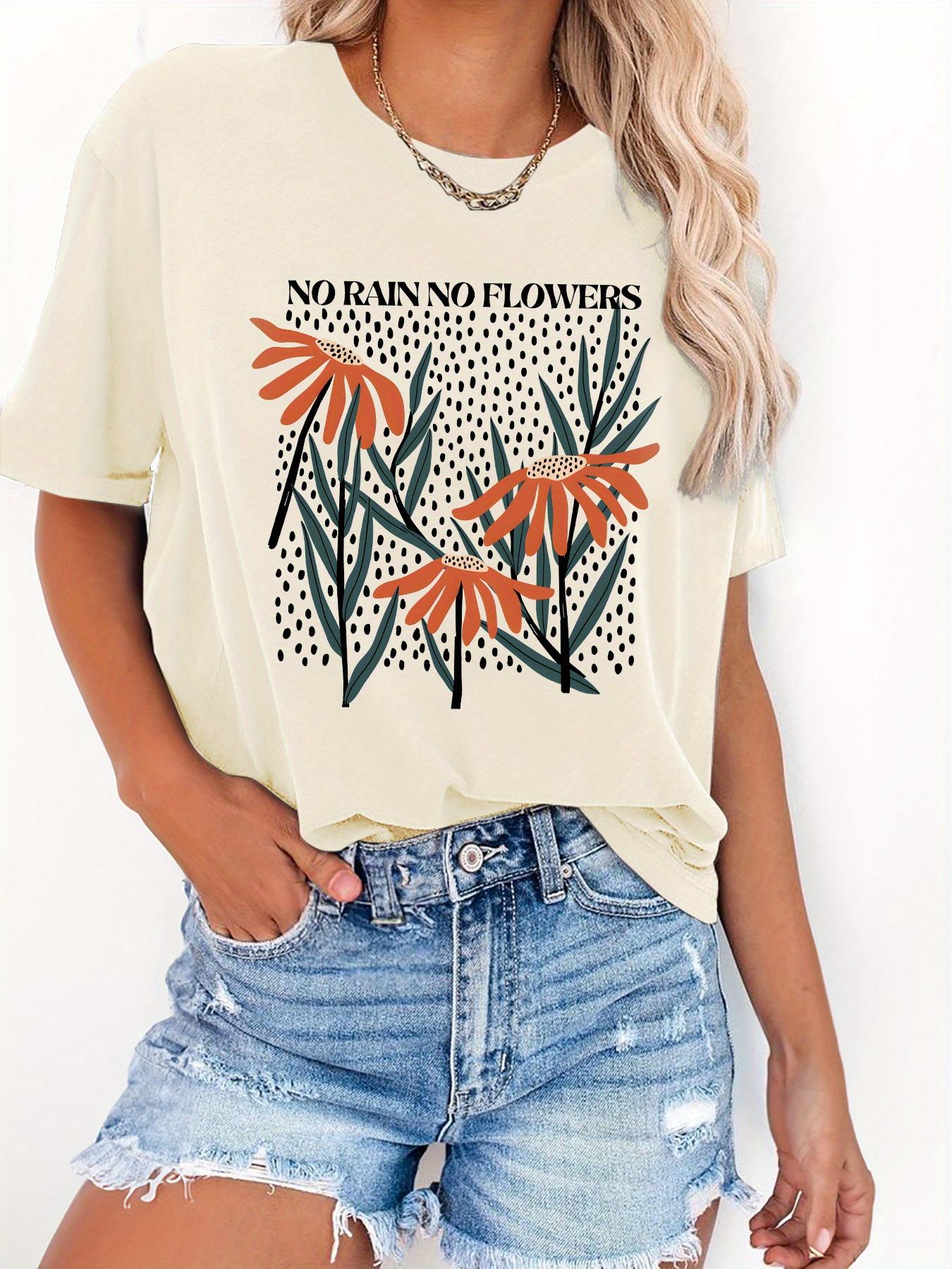 

Футболка с принтом Нет дождя - нет цветов , с коротким рукавом, с круглым вырезом, повседневный топ для лета и весны, расслабленный шик, городской стиль, футболка с принтом 4XL