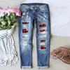 Women's Mid Rise Straight Leg Jeans Loose Fit Ripped Red Buffalo Plaid Patch Spring Casual Denim Trousers