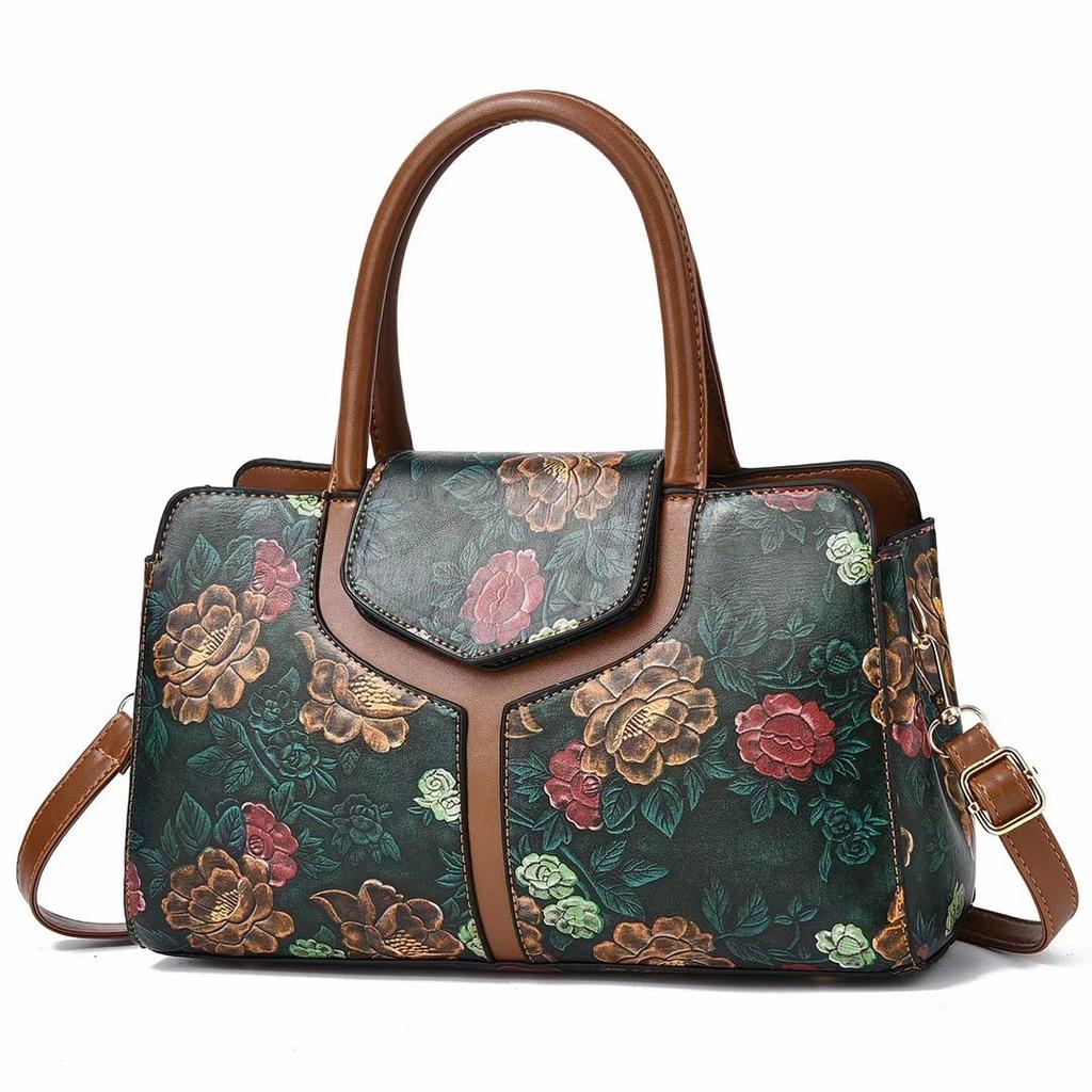 Shoulder Tote Bag for Women Retro Flower Pattern Satchel PU Crossbody Handbag