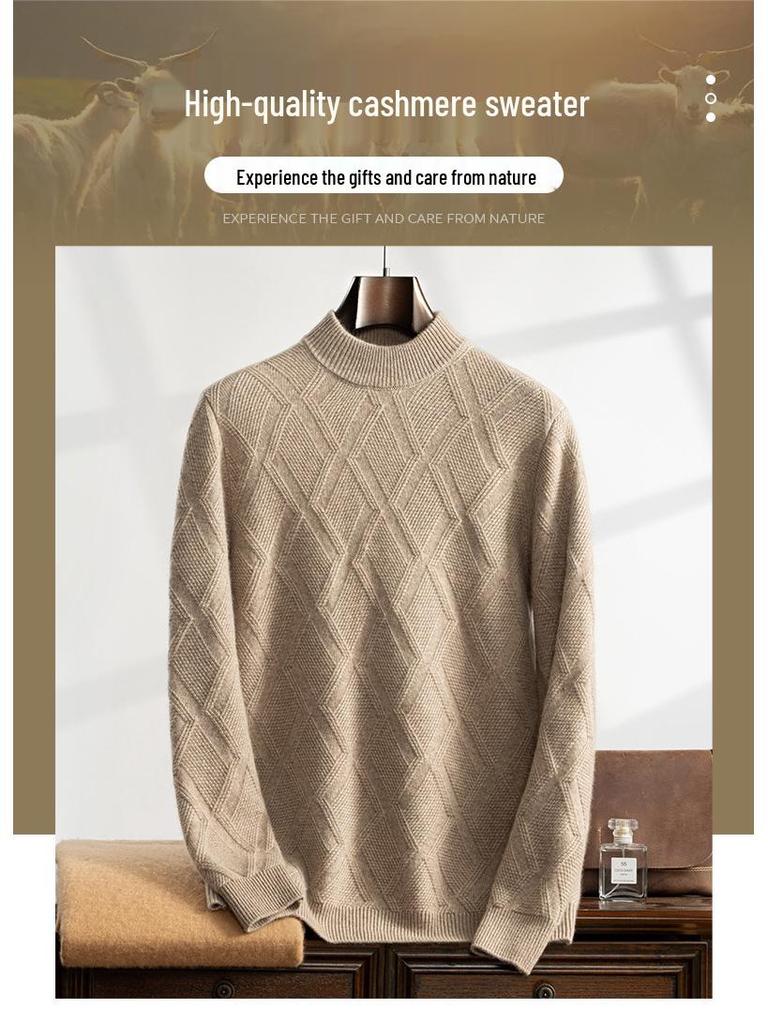 Men's Cashmere Jacquard Pullover Sweater - Half High Neck, Thick, Loose Fit, Long Sleeve, Business Casual