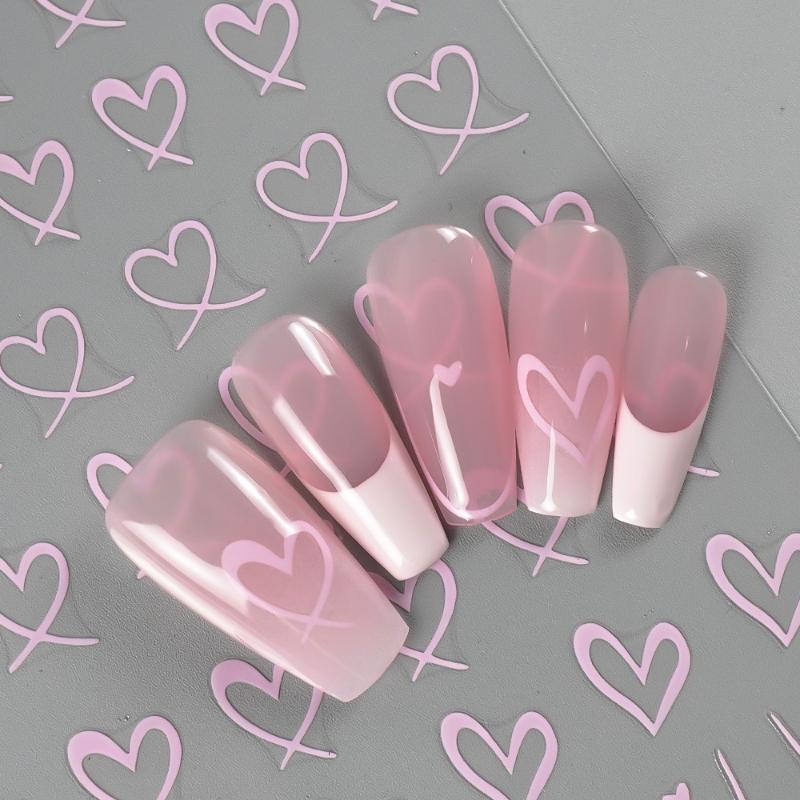1 Sheet Nail Art Stickers 3D Cute Heart White Gold Silver Lines Love Heart Nail Decals Diy Adhesive Slider Manicure Decorations