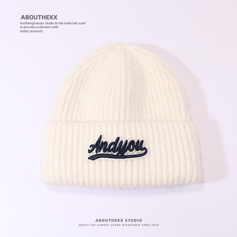 Autumn and Winter Wool Hat for Women's Letters Versatile Knitted Hat Korean Style Fashion Ear Protection Warm Hat Outdoor Student Pullover Hat