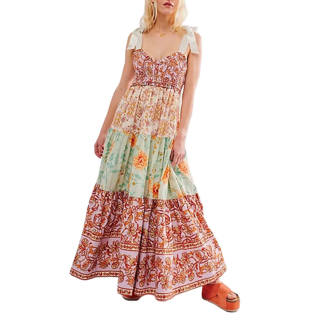 Damen Sommerkleider Fließendes, gesmoktes Maxikleid Ärmellos Binden Schulter Boho Kleider Blumen Strand Sommerkleider