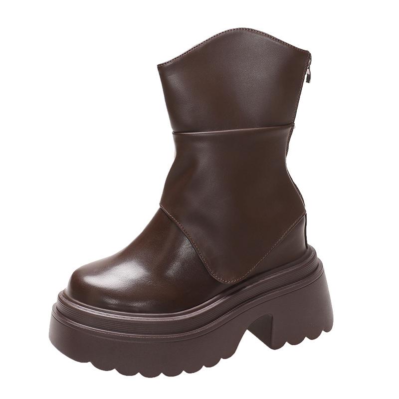 Модные 11 см толстые каблуки мотоциклетные ботинки высокая платформа осенние кожаные кроссовки женские зимние теплые ботильоны толстые короткие панк-ботинки 34 коричневый