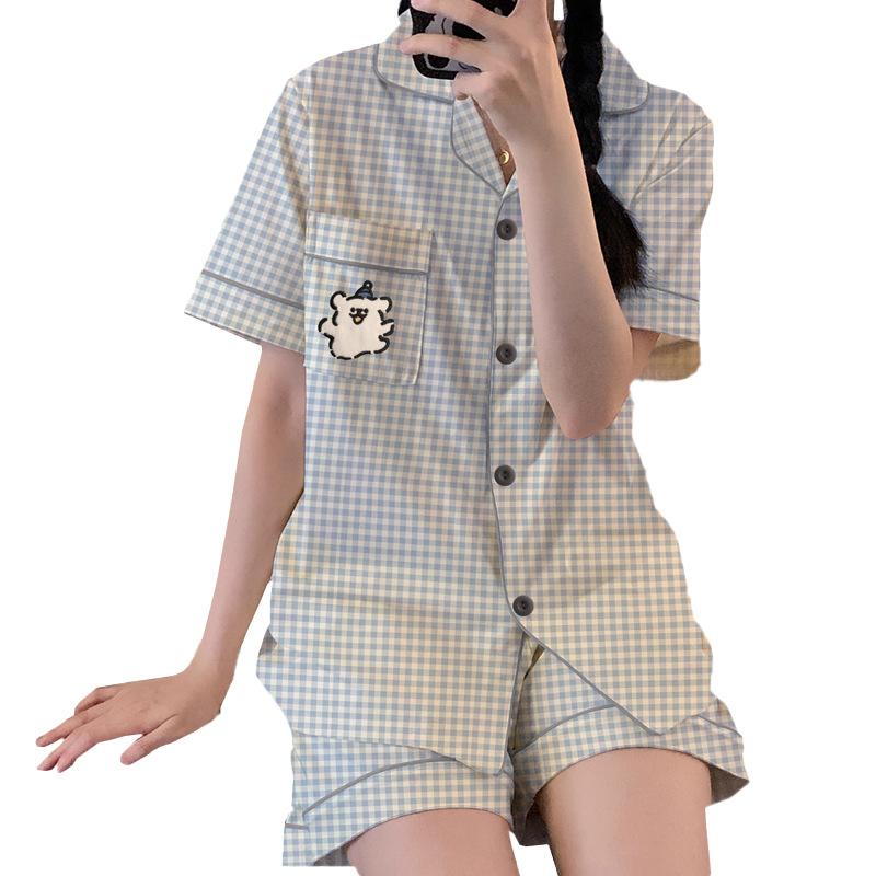 Line puppy short-sleeved pajamas women's summer new fresh plaid short-sleeved thin comfortable loungewear set