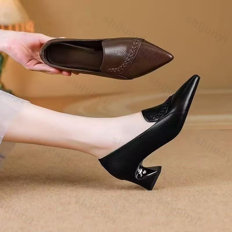 Pointed Toe Women's Fashion Single Shoes Autumn Comfortable Chunky Heel Elegant Middle Heel Shoes Outdoor Non Slip Casual Shoes