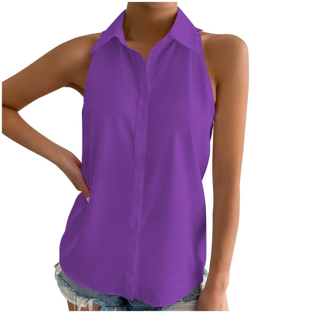 Summer Button Up Sleeveless Shirts Basic Casual Solid Color Women's Blouses & Shirts