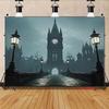 2D Victorian Dark City Backdrop 2D Clock Tower Street Lamp Photo Background for Photo Booth Props