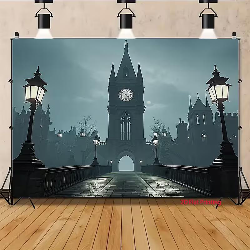 2D Victorian Dark City Backdrop 2D Clock Tower Street Lamp Photo Background for Photo Booth Props