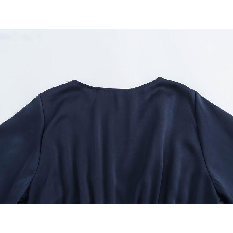 Kaslead New Arrival Women's Clothing Fashion Style Fashion Minimalist Satin V Neck Waist-Tight Puff Sleeve Dress
