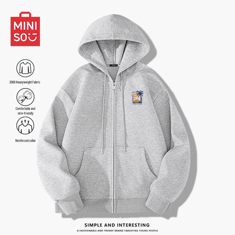 MINISO Men's Hooded Heavyweight Sunset Island Print Zipper Sweatshirt