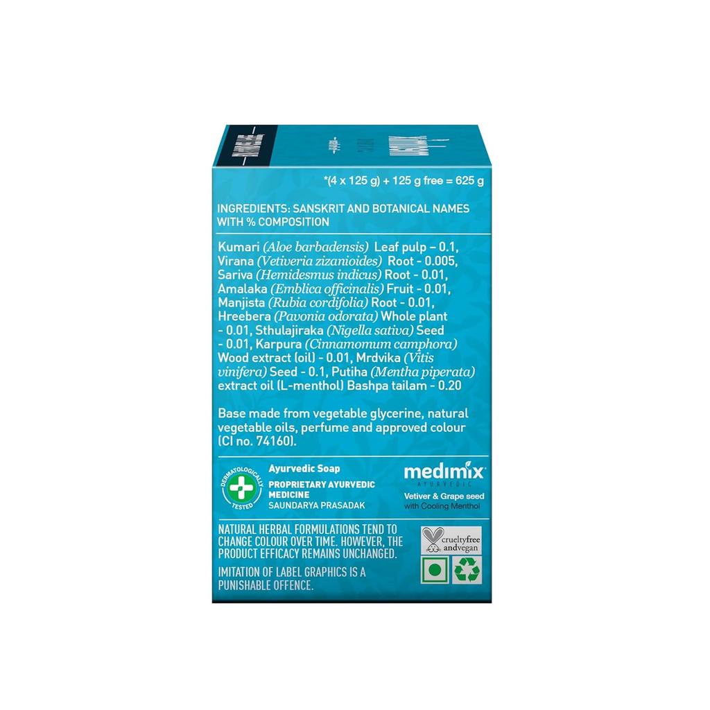 Medimix Ayurvedic Cool Bathing Soap 125Gx 5 Soap With Menthol Vetiver Grape Seed Natural Vegan Combo Pack