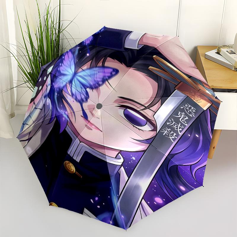 Automatický deštník s potiskem Kochou Shinobu z Demon Slayer, 8 žeber s železnou konstrukcí, plastová rukojeť, vhodný pro cestování venku a denní použití, ideální dárek