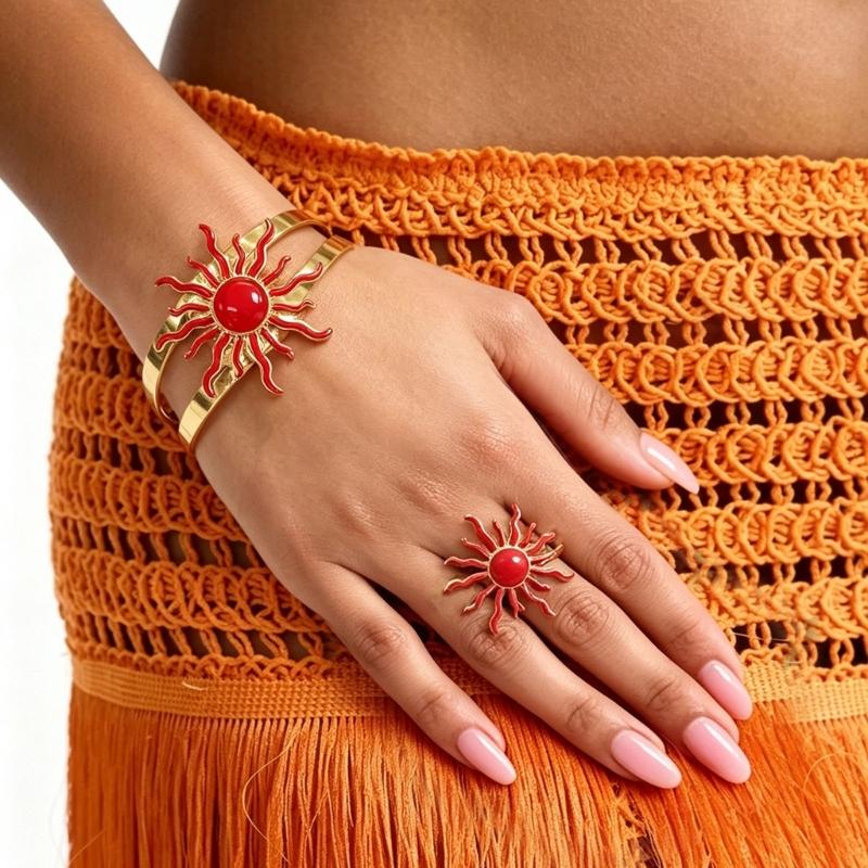 Adjustable Jewelry Set with Sun Design Bracelet and Ring, Matching Two Piece Accessory for Party Styling and Gifts