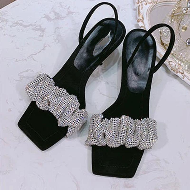 Leather rhinestone one-word strap sandals female summer new versatile fairy high-heeled sandals stiletto star
